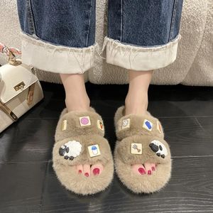 Sandals Women 2024 Winter Fashion Network Red Decal Cartoon Sticker Round Head Comfortable Casual Thick Bottom Wool Slippers