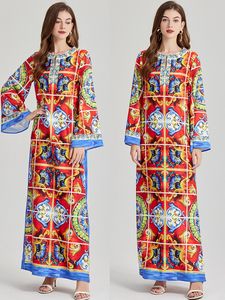 Vintage Casual Vacation Dress Designer O-Neck Women Elegant Print Split Boho Maxi Dresses Långärmad formell Event Party Woman kläder Plus Size Ballgown