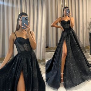 Sexy prom dress Bone Bodice high split glitter A Line black party evening dress sweep train dresses for special occasions