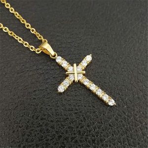Iced Out Full Rhinestones Cross Pendants Necklaces 14k Yellow Gold Religious Crucifix Necklace For Women/Men Jewelry