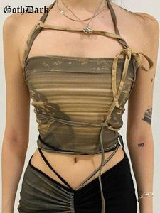 Koszulki bluzki damskiej Goth Dark punk gotycki camis grunge koronkowy z ramiona kobiety uprawy Hip Hop Bodycon bez rękawów Vintage Print 90s Streetwear YQ240120