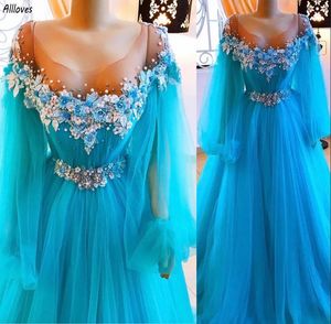 Hunter Blue Tulle A Line Prom Dresses With Scoop Sheer Neck Long Sleeves Plus Size Women Special Occasion Evening Gowns 3D Flowers Beaded Vestidos De Fiesta CL3231