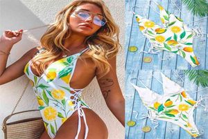 Brazilian New One Piece Swimsuit Sexy Cut out Swimwear Women Bodysuit Bathing Suit Vintage Beach Wear Lemon Print Bandage 2103241335653