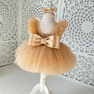 Vestidos de menina personalizados champanhe bebês meninas com laço grande pérolas vestido de flor fofo vestido de baile de aniversário infantil 12m