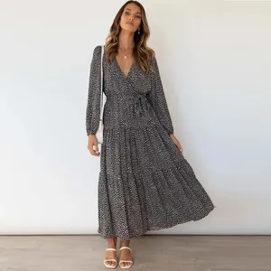 Casual Dresses 2024 Long Sleeved Printed V-neck Pleated Large Hem Dress For Women