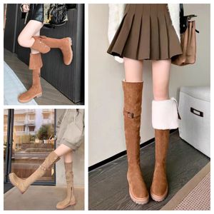 Modische Winterstiefel für Damen, kniehohe Stiefel, schwarzer Khaki-Leder-Overknee-Stiefel, flache Party-Stiefel, Schneestiefel, dunkelbraunes Lammfell, dicker Absatz