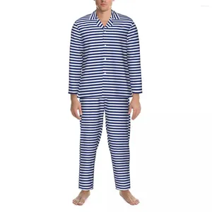 メンズスリープウェア航海デザイン秋の青と白のストライプレトロ特大のパジャマセットメンズロングスリーブファッションレジャーホームスーツ