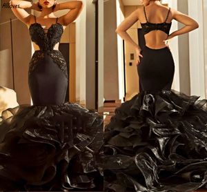 Vintage czarne sukienki wieczorne syreny seksowne paski spaghetti koronkowe aplikacje formalne sukienki imprezowe wspaniałe marszczenia organza spódnica kobiety druga sukienka recepcyjna cl3233