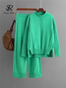 Singreiny Home Wear Sticked Suits Ladies Turtleneck Loose Long Pulloverselastic Knit Pants Casual tröja Två stycken Set 240119