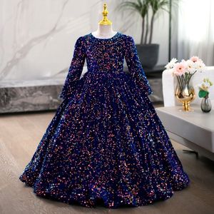 Graceful Sequined Flower Dresses For Wedding Long Sleeves Gowns Blingbling Red Blue Toddler First Holy Communion Girl Pageant Dress 403