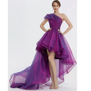 Hot Purple Dubai Prom Dresses Ball Gown Sleeves With Feathers Sweetheart Ruffles Soft Tulle Formal Evening Gowns YD