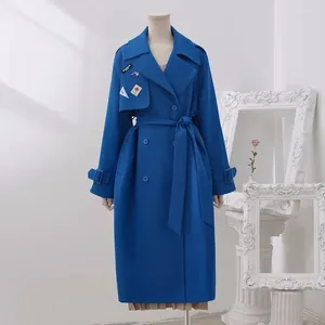 Women's Trench Coats Superaen Women Spring 2024 Koeran Fashion Lace-Up Taist Blue Coat Office Lady Casual Long