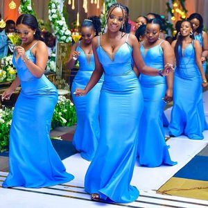 Vestidos de dama de honra júnior azul africano sereia alças espaguete frisado renda longo vestido de dama de honra para meninas para mulheres negras desgaste de convidado de casamento em casamento NR015