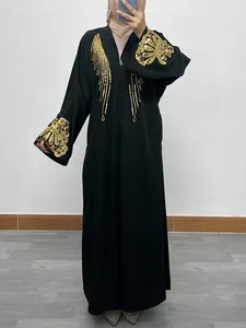 Etniska kläder svart kimono kaftan guld paljetter saudiska kvinnor abayas islamiska dragkedjor cardigan med fickor solid chic muslimsk bön eid