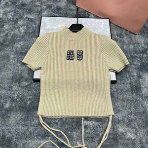 Designer Womens Miui Knits 24 Spring New Letter Short Sleeved Top Belt Takeout Design Adjustable Height Knitted Shirt For Women