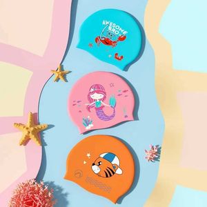 Caps Mermaid Flame Bird Cartoon Children Cap Cute Silicone Material Waterproof Fit Head Lightweight Swimming Accessories YQ240119