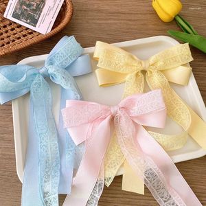 Hårtillbehör Sweet Gaze Mesh Spets Satin Långt band Big Bow Clips For Girl Kids Söta Fairy Elegant Student Hairpin Fashion