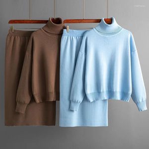 Work Dresses Solid Color Turtleneck Sweater Half Wrap Buttock Skirt Two-piece Set Of Autumn And Winter Knitted Suit Women