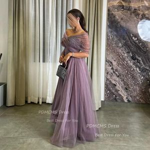 Party Dresses Elegant Shiny Purple Tulle Evening Beaded Off Shoulder Glitter Arabic Prom Gowns Formal Birthday Vestidos De Noche