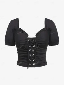 Kvinnors T-skjortor Rosegal Plus Size Gothic Ruched Crop Top Black Summer Sweetheart Neck frilled Lace-Up T-shirts For Women