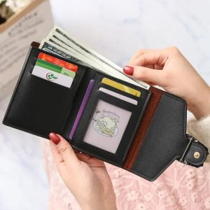 Carteira feminina de couro curto, carteira de emenda, clipe de dinheiro, bolsa pequena portátil, suporte de cartão multifuncional, moda retrô