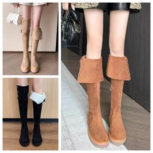 Fashion winter boots women Knee boots Tall Boot Black khaki Leather Over-knee Boot Party Flat Boots Snow booties Dark brown Lambhair Thick heeled high heels