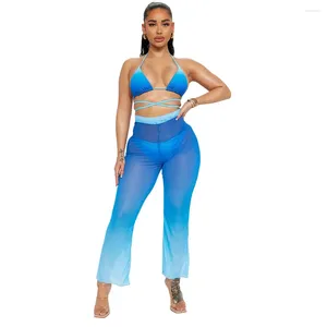 Maiô feminino de 3 peças, conjunto de biquíni com calça transparente, moda 2024, bandagem gradiente, roupas de praia sexy