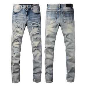 Designer Mens Jeans Purples Jean Pants Män rippade broderi pentagram lapptäcke för trendmärke Motorcykelbyxa Skinny herrkläder