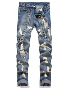 Модные рваные джинсы с заклепками, синие винтажные мужские облегающие эластичные брюки с дырками на средней талии, потертые брюки