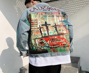 Devil Hand Painted Printing Men Denim Jacket Cartoon Graffiti Print Loose Coats Vintage Hip Hop Leisure Ytterkläder L290 T1909122645374