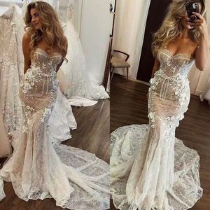 Elegancka sukienka ślubna syrenka o Neck 2024 Rękawy koronkowe aplikacje długość podłogi suknia ślubna iluzja Vestidos de novia yd