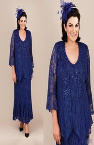 Plus -storlek Mor till brudklänningen med jacka 3 stycken Lace V Neck Lång ärm Royal Blue Weddng Gästklänning Kvällsklänningar8329041