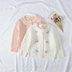 Kvinnors stickor Girls Sweater Cardigan Pure Cotton Round Neck Sticked Spring Autumn and Winter Children's Clothing Tops Holiday Presents