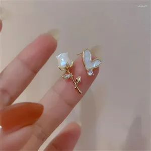 Stud Earrings Trendy Korean Asymmetric Rose Love Heart For Women Imitation Pearl Zircon Studs Piercing Earring Exquisite Jewelry Gift