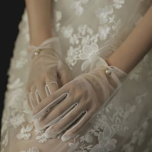 White Bride Dress Gloves Mesh Bow Pearl Short Lace Gloves Wedding Accessories Party Prom Cosplay Performance Women Bridal Gloves