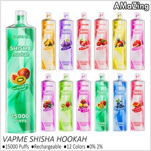 VAPME Shisha Hookah 15000 Puffs Caneta Vape Descartável 15k Puffs Recarregáveis E Cigarros Vaporizadores 25ml Pod Pré-preenchido 12 Cores 0% 2% Vaper