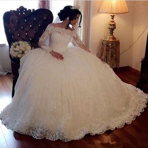 2020 Nya bollklänningar Bröllopsklänningar Långa ärmar Lace Appliques Sequin Arabiska Dubai Bröllopsklänning Formell kyrka Plus Size Brud G249Y