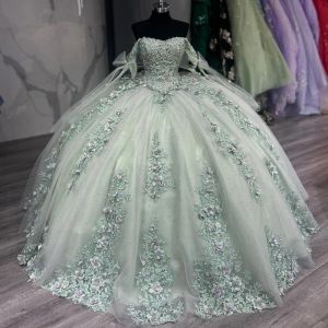 Quinceanera-Kleider mit 2024 3D-Blumen-Spitzenapplikationen, schulterfreie Träger, Korsett-Rückenschleife, individuelles Sweet 15 16-Prinzessin-Festzug-Ballkleid