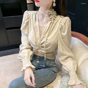 Women's Blouses Sexy V-neck Short Lace-up Top Knotted Halter Floral Embellished Puffy Sleeve Shirt Blouse Femmes Slim Fit Women Tops