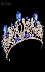 Gold Alloy Royal Blue Rhinestones Crown Headpiece For Brides Quinceanera Vintage Luxury Tiaras and Crowns Wedding Party Accessorie9357947