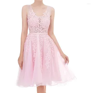 Party Dresses Pink Princess Tulle Homecoming Short Lace Appliques Juniors Prom Bridemaid Evening Gowns V Back Vestidos De Fiesta