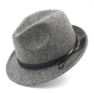 Berets Fashion Women Men Wool Fedora Hat For Elegant Lady Gentleman Trilby Felt Homburg Jazz With Leather Size 56-58CM