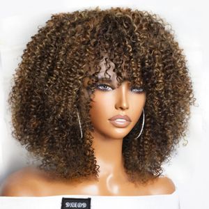 Short baby hair Curly Wig with Bangs Brazilian Brown Highlight Glueless Full Machine Wig 250 Density Jerry Curl for Black Women
