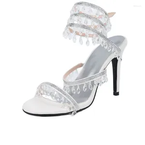 Sandálias Doce Mulheres Verão Uma Linha Serpentina Envoltório Bombas Salto Alto Cristal Pingente Slender Sapatos Elegantes Senhoras Banquete