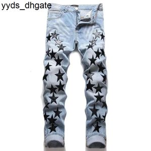 Mor Kot Tasarımcı Erkekler Ksubi Yüksek Sokak Deliği Yıldız Yaması Erkek Yıldız Nakış Denim Streç Slim Fit Pantolon True 86 A73H