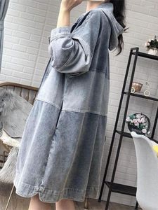 Trench da donna Cappotto di jeans Versione coreana Medio lungo Allentato Primavera e autunno Abbigliamento Moda Temperamento Patchwork con cappuccio