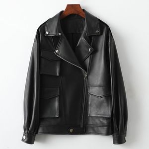 Sheepskin Genuine Leather Jacket Womens Motorcycle Biker Coat Moto Fashion Outerwear Clothes