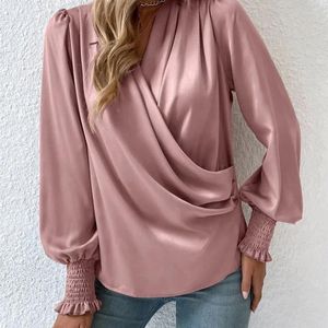 Women's Blouses Elegant Satin Loose Solid Long Sleeve Shirt Spring And Autumn Woman Printed V-Neck Clamping Lantern Office Blouse