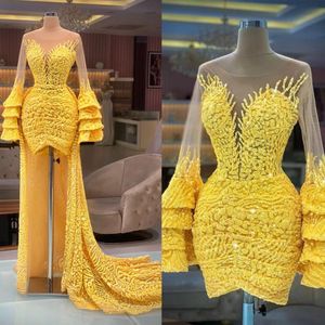 Elegant Prom Dresses Long Sleeves Beads Lace Appliques Evening Gowns Detachable Train Plus Size Bridal Gowns Custom Made