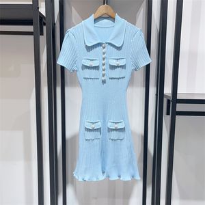 Designer dress, exquisite ribbed elastic knit dress, diamond buckle short sleeved lapel dress in blue and white,